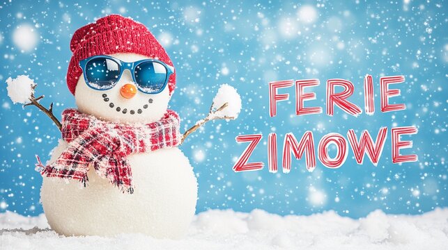 Cute snowman in red scarf and hat, holding a stick, with "FERIE ZIMOWE" text. Great for winter holidays or vacation advertising
