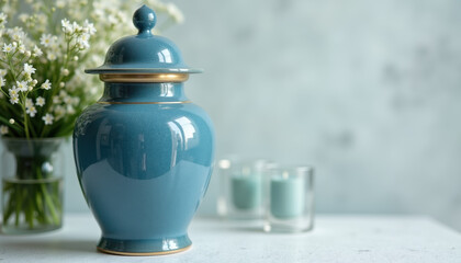 A blue cremation urn placed on a soft surface, beautifully lit with natural light, creating an elegant and heartfelt tribute.