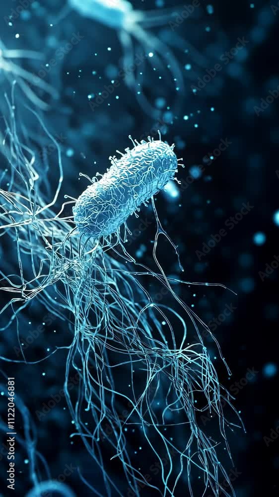 Aufkleber microscopic view of a bacterium displaying intricate filaments and a glowing appearance in a dark en