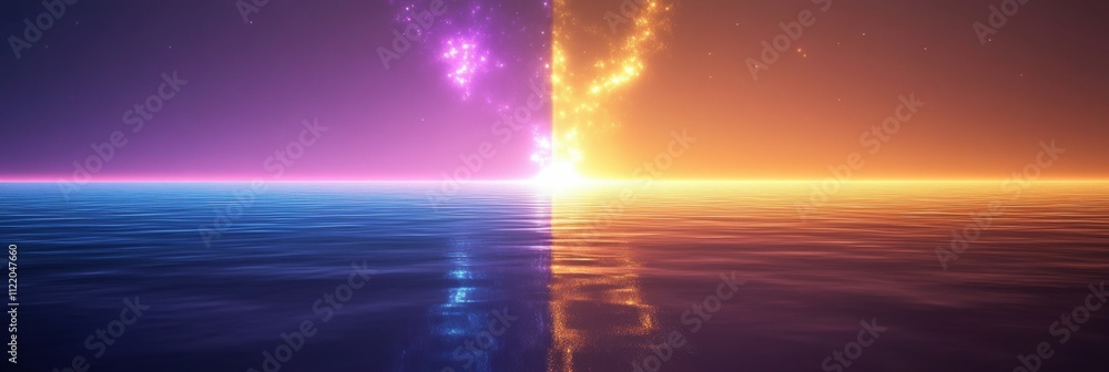 Poster colorful abstract visual combines deep blues and fiery oranges, reflecting on calm water, creating a