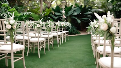 White chairs decorated with flowers await guests in a garden