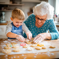 Une grand-m&egrave;re et son petit enfant pr&eacute;parant des biscuits dans une cuisine chaleureuse