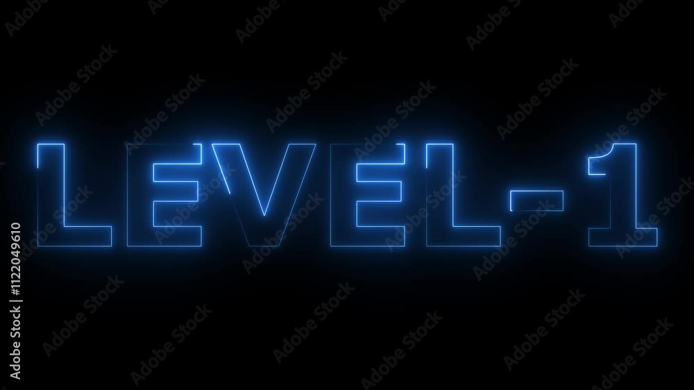 Poster level 1 text font with neon light text level 1 neon sign. on black background animation.