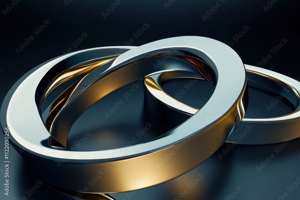 Poster intertwined metallic rings create a striking visual in a dark space, highlighting reflections and sm