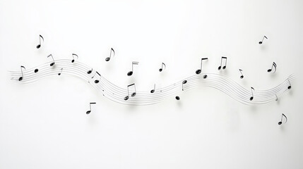 minimalist composition featuring a flowing musical staff with scattered black musical notes on a clean white background. The design exudes elegance and celebrates the beauty of music and rhythm