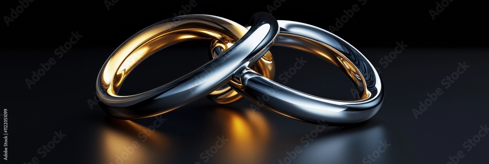 Aufkleber two elegantly intertwined rings in gold and silver rest on a glossy black surface, creating a mesmer