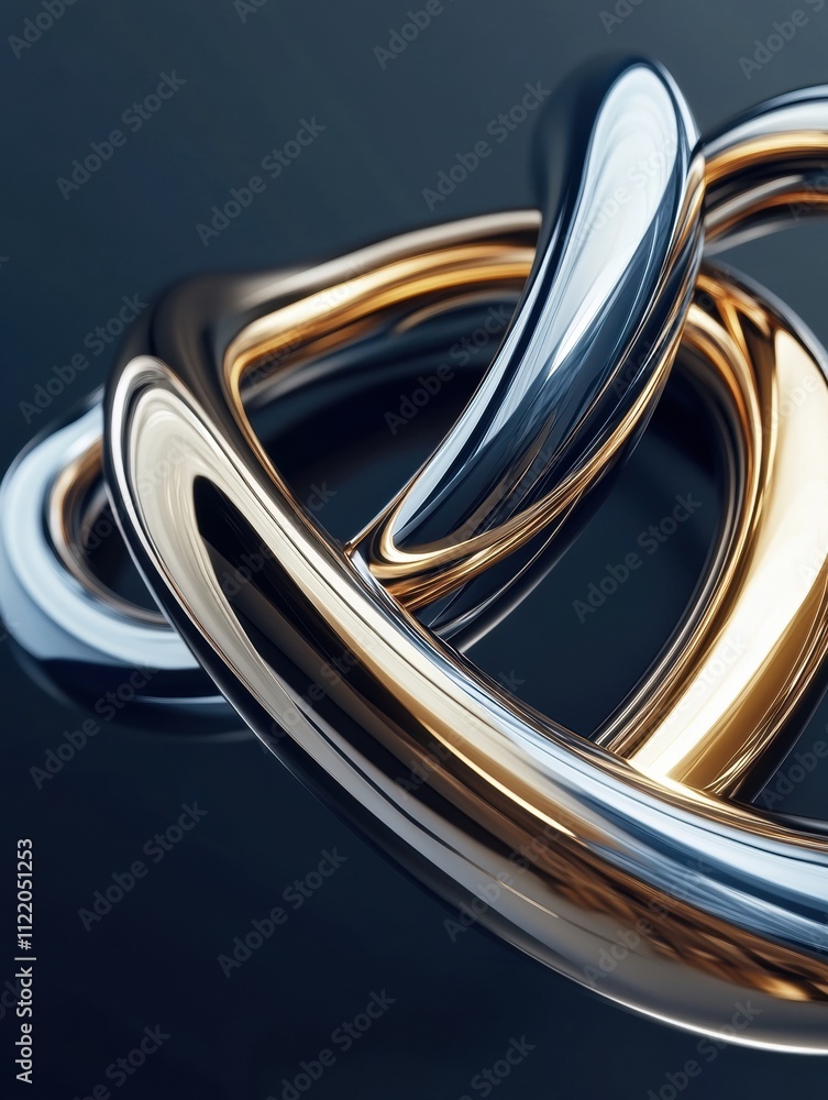 Poster complex 3d abstract elements interplay with shiny metallic finishes, forming an intricate design tha