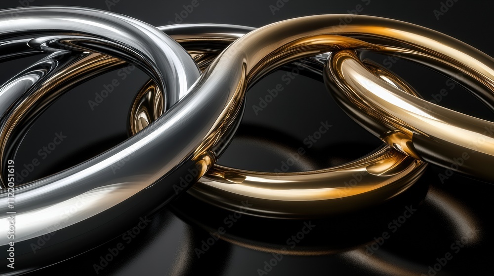 Poster interconnected metallic rings in silver, gold, and bronze create a striking 3d abstract design with 