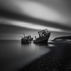 Landscape minimalist image of shipwreck ruin in sea black and white
