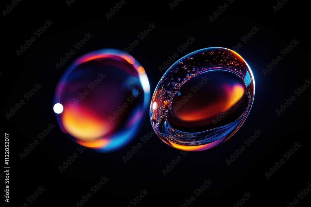 Poster colorful 3d abstract with iridescent bubbles highlights depth and light against a dark background fo