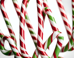 Obraz premium Close-up of red and green striped candy canes arranged decoratively on white. Generative AI