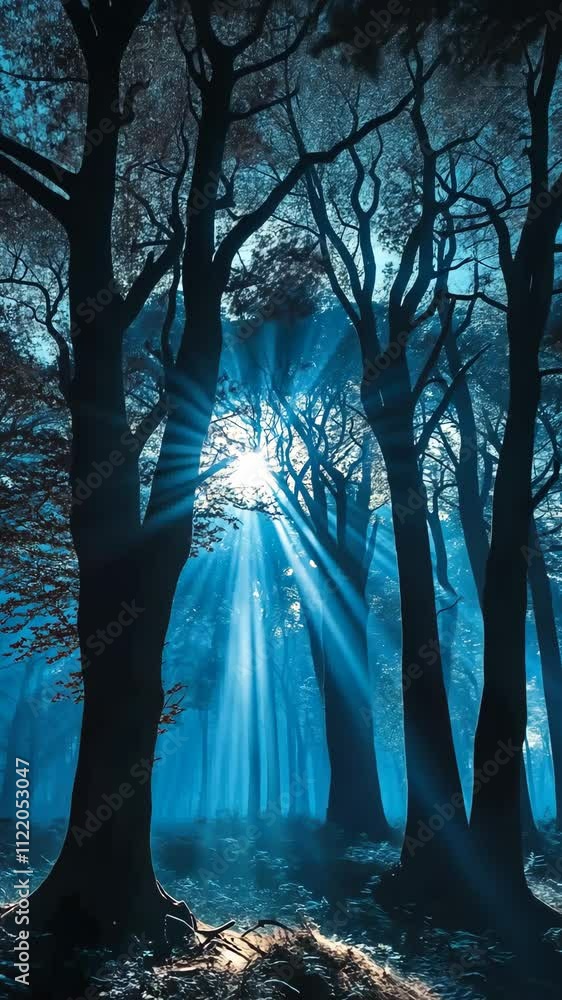 Poster sunlight filters through a misty forest creating a serene atmosphere in early morning light