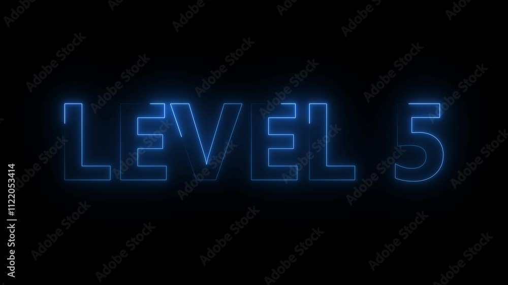 Poster abstract level 5 text font with neon light. level up neon sign on a black background video 4k.