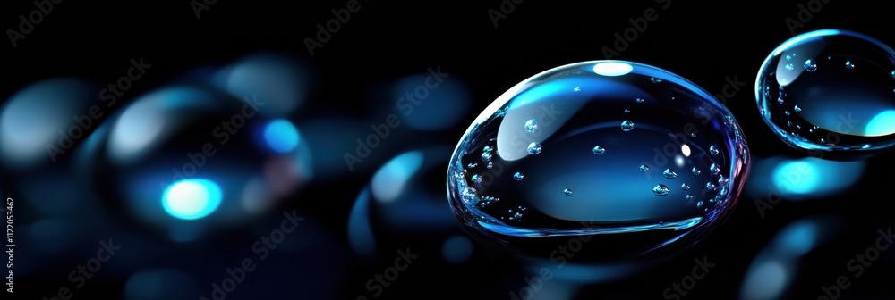 Poster luminous water droplets create a striking 3d abstract effect, showcasing depth and shimmer against a