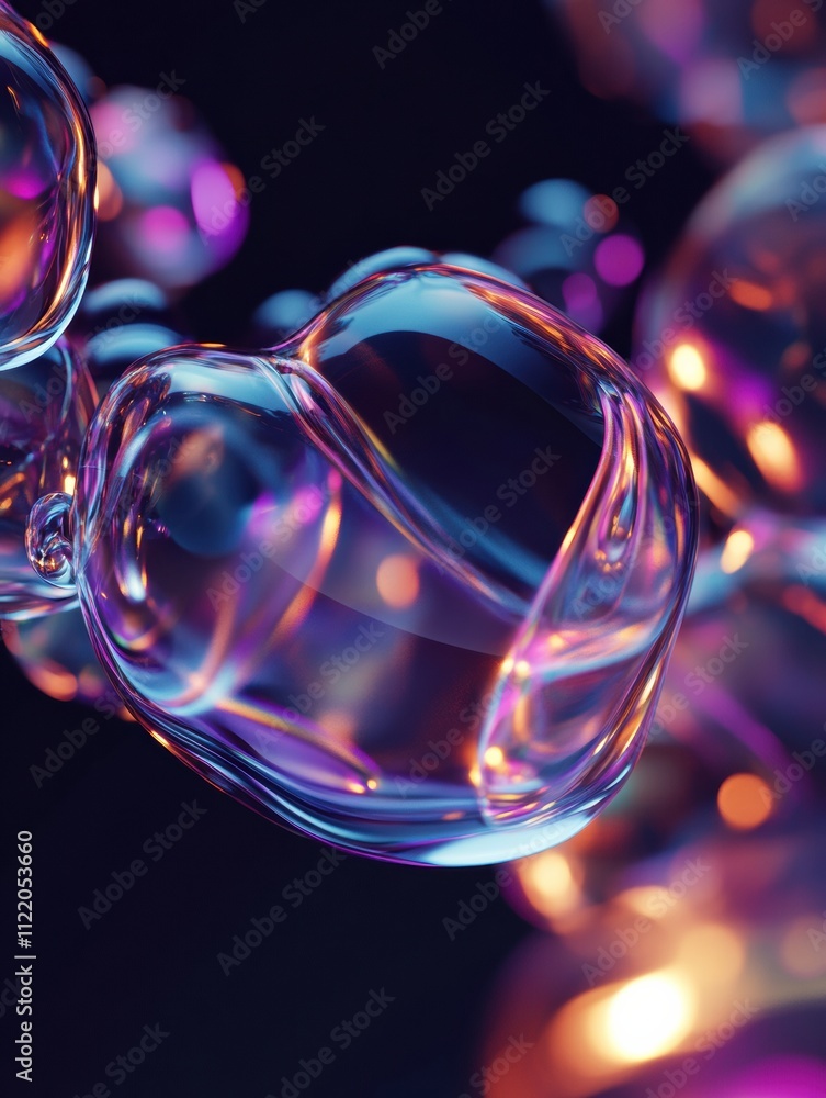 Poster detailed 3d abstract shapes feature luminous transparent bubbles, offering a unique and vibrant back