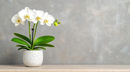 a photostock of a clean white orchid in a ceramic pot against a plain backdrop, elegant floral 2025