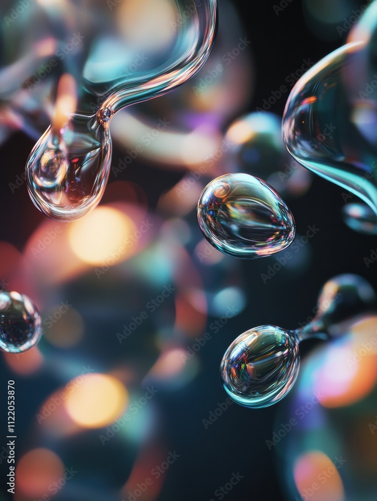 Poster translucent bubbles drift against a dark backdrop, reflecting colors and creating a captivating abst