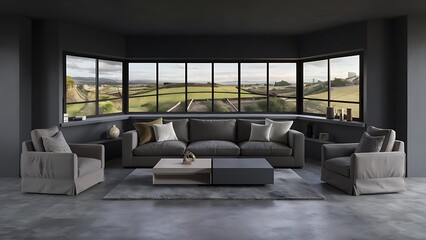 Dark living room interior with sofa and two armchairs, side view, shelf and coffee table with decoration, grey concrete floor. Panoramic window on countryside. 3D rendering