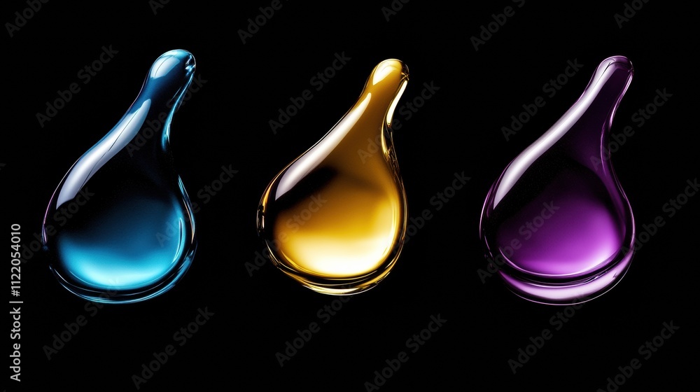 Poster three distinct drops of vibrant colors gracefully float against a black backdrop, providing ample co