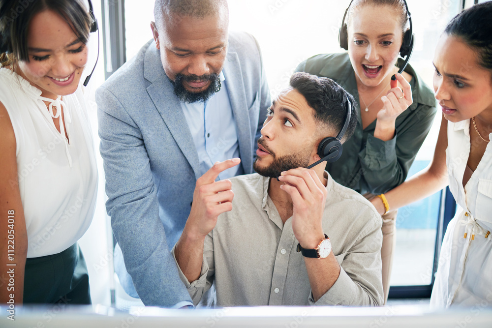 Aufkleber call center, help or man in training with team leader for learning telecom or customer service. ment