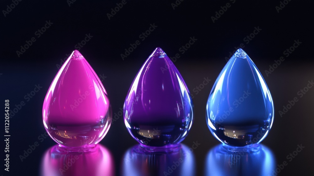 Poster three colorful 3d abstract water droplets in purple and blue shades rest on a reflective surface, of