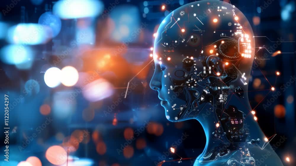 Poster humanlike digital head with ai representing advanced technology and intelligence in the digital age