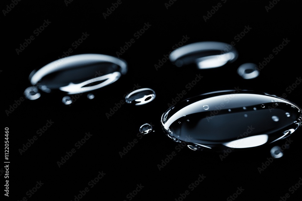 Poster three water droplets hover above a black surface, reflecting light and creating a captivating abstra