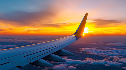 Obraz premium a photostock of a clean airplane wing silhouetted against a gradient sky, modern travel 2025
