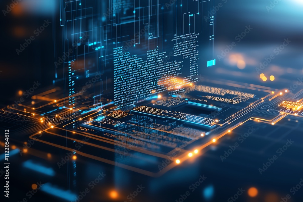 Poster futuristic circuit board visualization with digital data flow, illustrating advanced technology and 