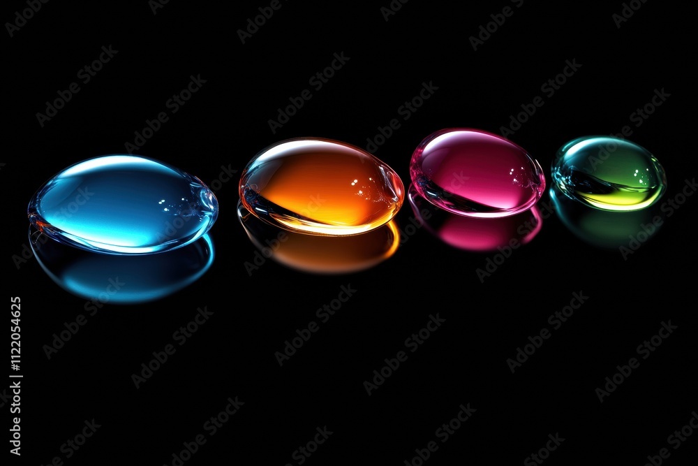 Poster colorful droplets of varying sizes reflect light on a black surface, creating a striking and modern 