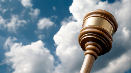 Gavel raised against a bright blue sky with fluffy white clouds, symbolizing justice and law under a peaceful backdrop, representing legal authority and fairness.