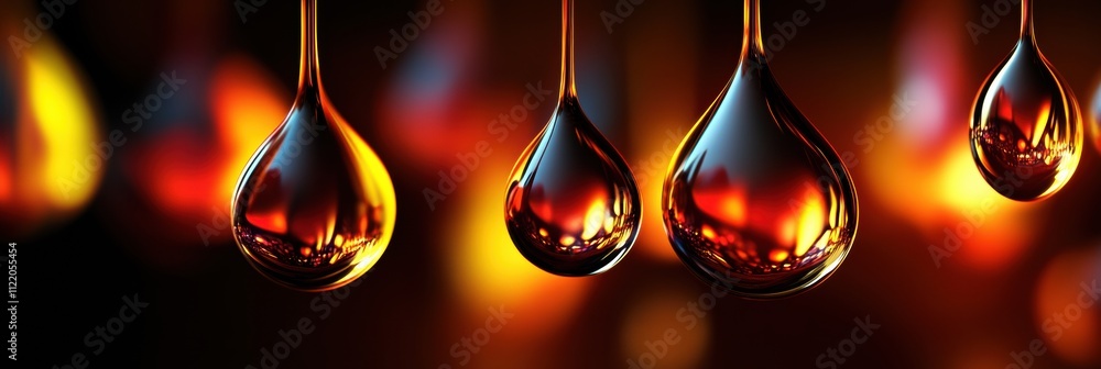Poster liquid droplets hang in mid-air, creating an abstract visual on a warm, glowing backdrop, showcasing