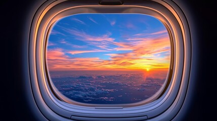 Fototapeta premium a photostock of a single airplane window view with clear skies and soft light, serene travel 2025