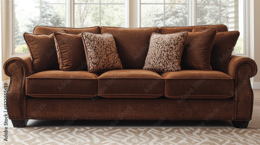 Poster Soft mocha tones embrace a plush sofa adorned with patterned pillows, creating a vibrant yet inviting atmosphere in the living area