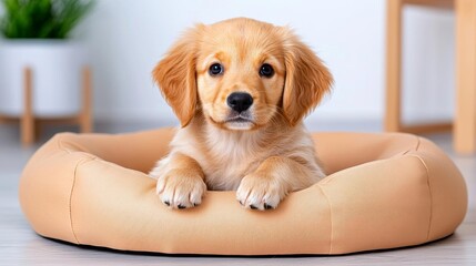 a photostock of a modern dog bed with a small puppy resting on it, cozy pet design 2025