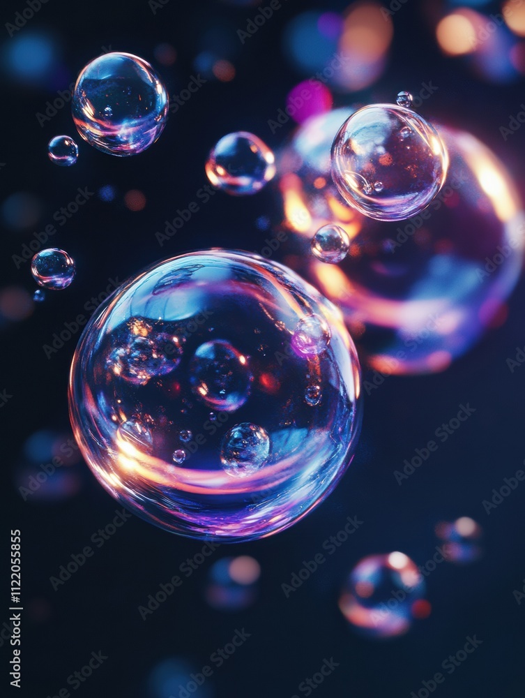 Poster translucent bubbles float gracefully in a dark abstract space, capturing vibrant colors and reflecti