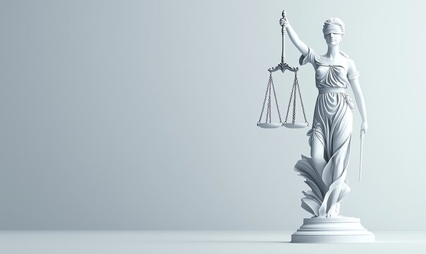 Elegant statue of Lady Justice holding scales, symbolizing law and fairness. Suitable for legal concepts and cultural discussions. Gray background enhances the statue's focus.