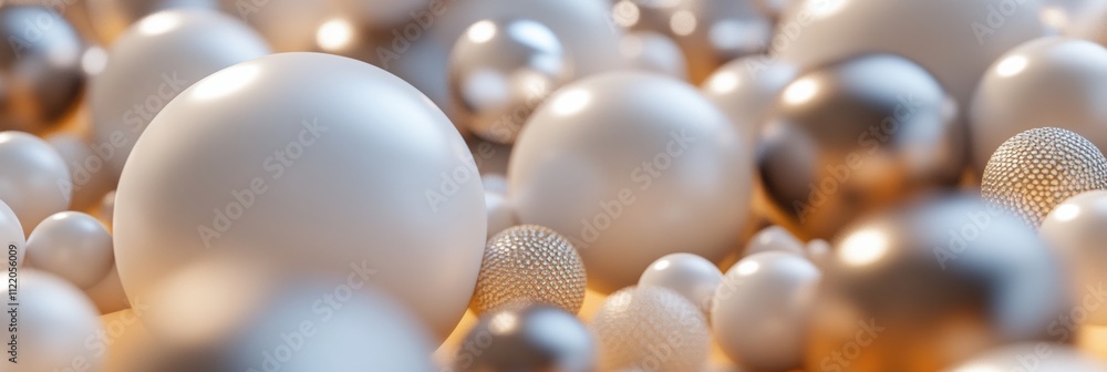 Poster a detailed view of various metallic and matte spheres arranged in a 3d abstract design, providing pl
