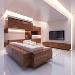 3D illustration of Modern white living room with wooden furniture and TV