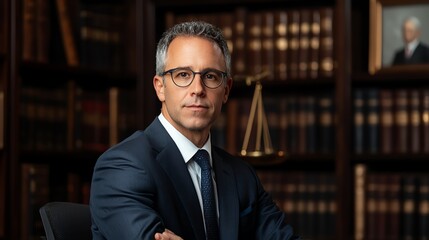 Fototapeta premium Professional man in a suit sits confidently in a library with shelves of law books, embodying expertise and authority in a legal environment.