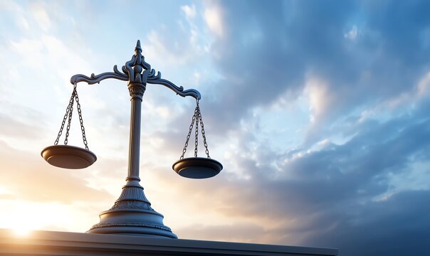 A majestic balance scale stands against a vibrant sunset sky, symbolizing justice and fairness. The scene conveys a serene yet powerful message of legal equity and ethical balance.