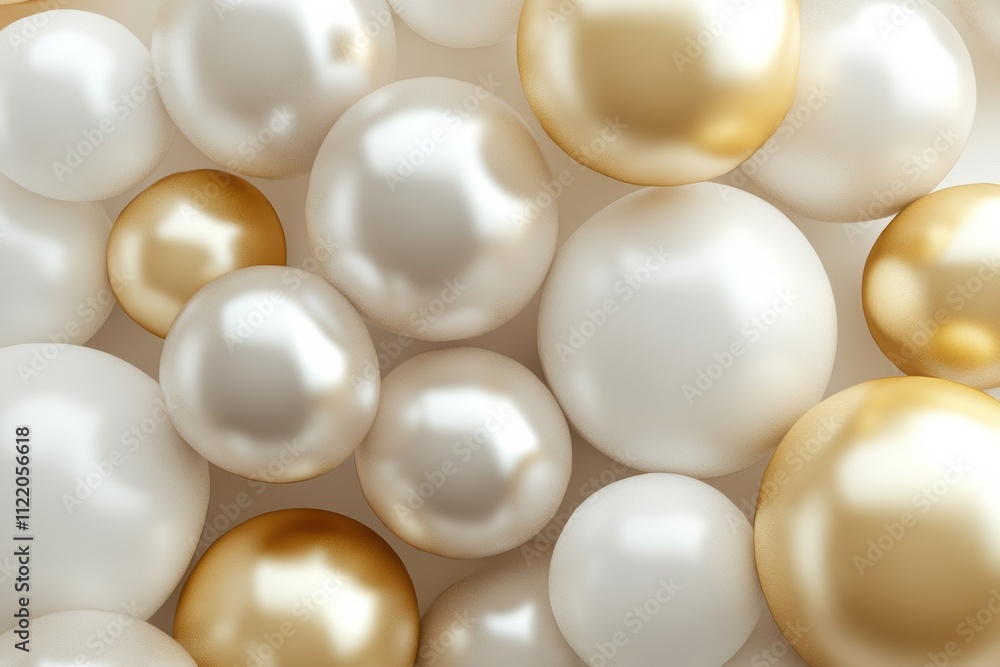 Poster a captivating arrangement of shiny pearls and spheres in a variety of sizes, creating an elegant and
