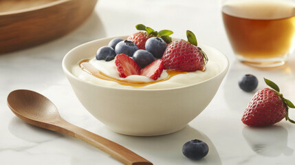 A bowl of yogurt topped with strawberries, blueberries, and honey, with a rustic spoon and tea, set on a white marble surface, bathed in natural light, evoking calm and nourishment.