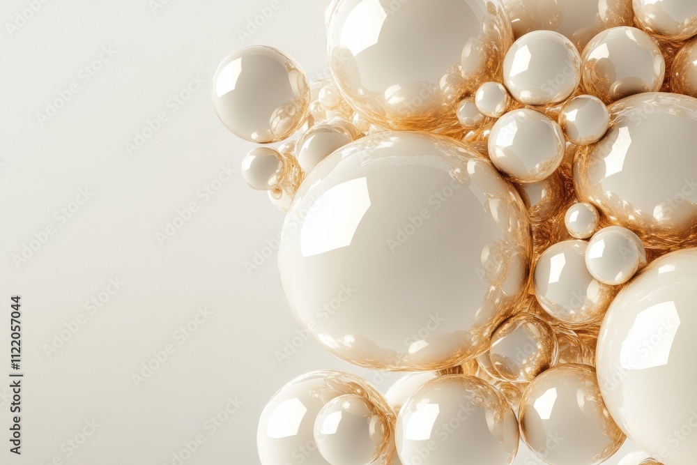 Poster glossy three-dimensional spheres cluster together, showcasing smooth textures in soft hues against a