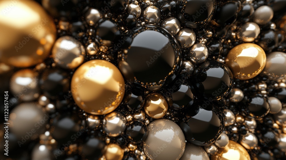 Poster intricate arrangement of glossy metallic spheres in gold, silver, and black, creating a visually str