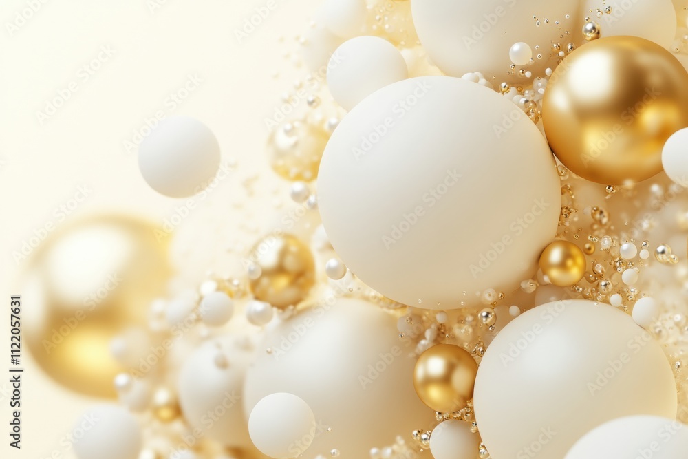 Poster elegant arrangement of golden and white spheres floating against a soft backdrop creates a sophistic