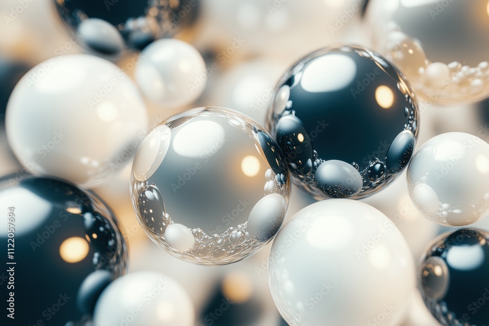 Poster this abstract design showcases a variety of transparent and opaque spheres clustered together, provi