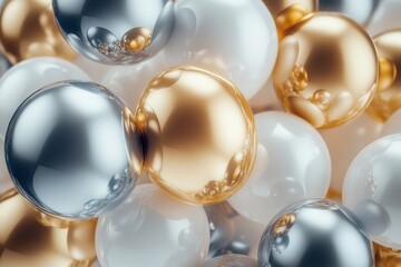 Glossy spheres in silver, gold, and white create a captivating abstract scene with reflections, providing ample copy space for creative projects. Generative AI