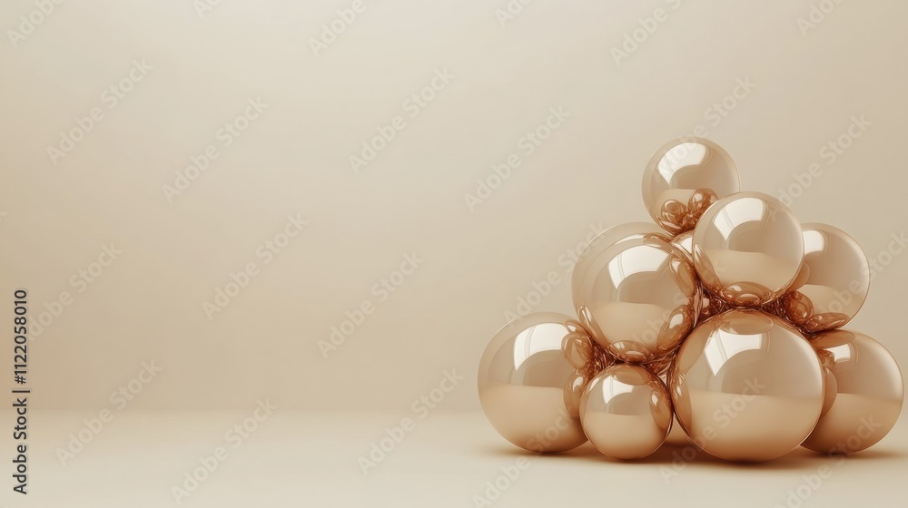 Poster a collection of soft gold spheres is creatively stacked, creating an abstract design on a neutral ba