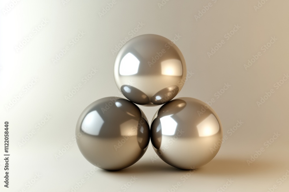 Poster three polished metallic spheres are positioned in a triangular layout, reflecting soft light and cre